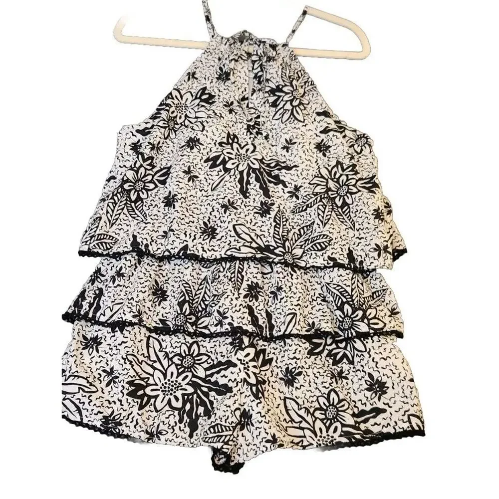 Urban Outfitters‎ Sz M Women Black White Floral Tiered Halter Neck Romper Mini